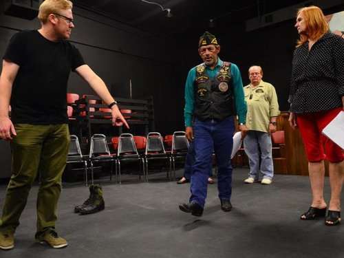 apl090914f/ASECTION/ Pierre-Louis/JOURNAL090914
From left "Telling, Albuquerque" director Max Rayneard,,  instructs Ernest Garcia,,Mike Miller ,, and Marykay Chapman,, during a rehearsal  at the Vortex Theater .  Photographed on Tuesday September  9, 2014.  /Adolphe Pierre-Louis/Journal